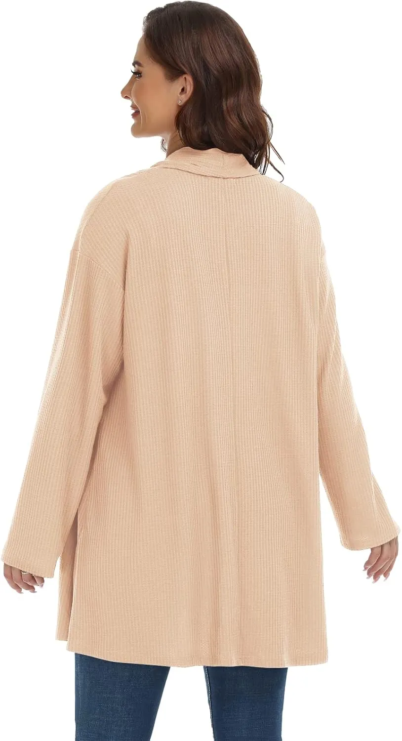 MONNURO Plus Size Cardigan for Women Open Front Casual Lightweight Long Sleeve Waffle Knit Cardigan for Fall
