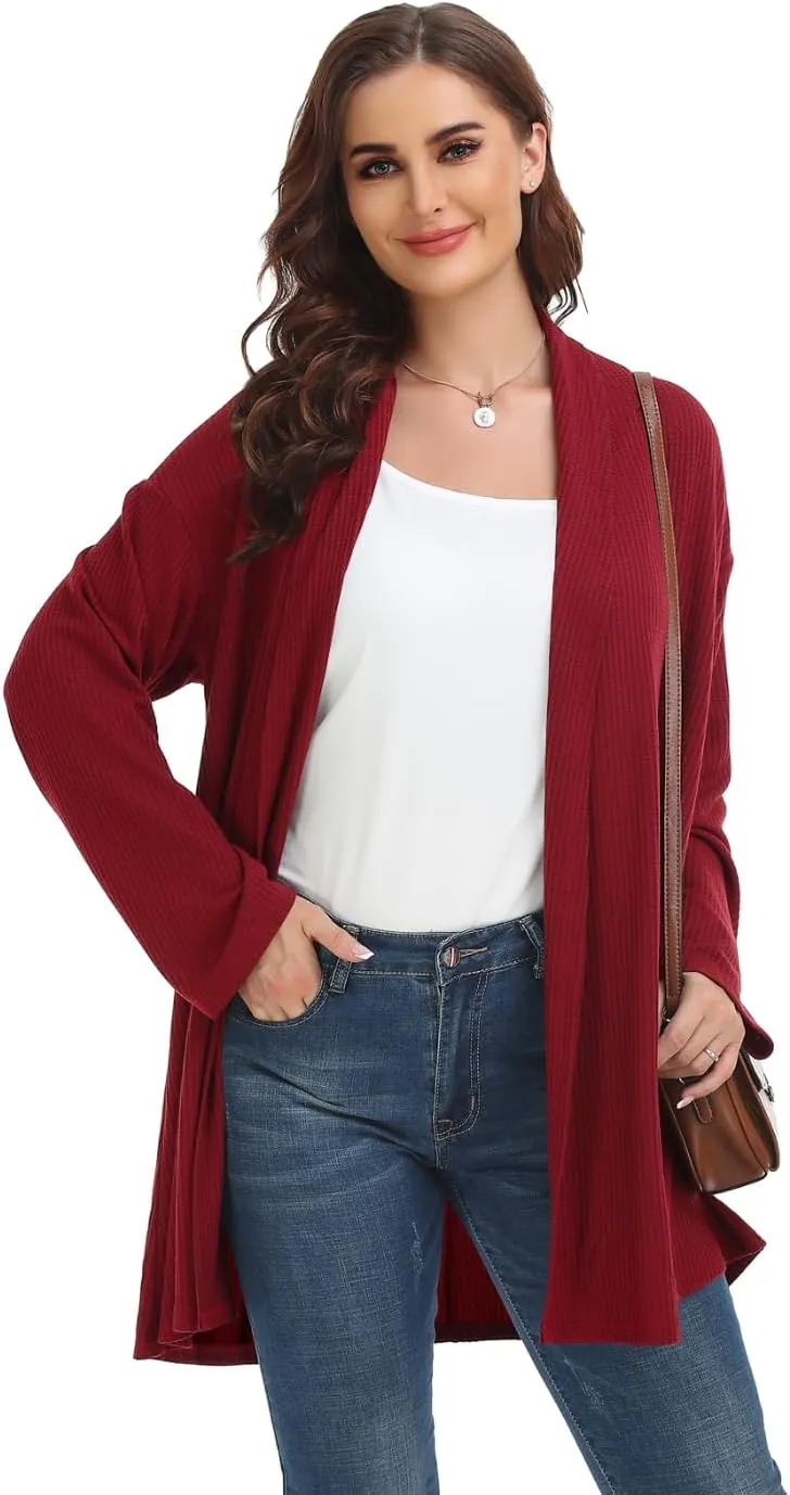 MONNURO Plus Size Cardigan for Women Open Front Casual Lightweight Long Sleeve Waffle Knit Cardigan for Fall