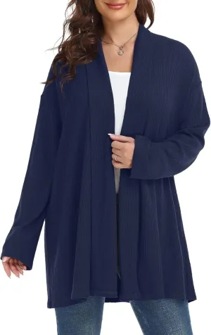MONNURO Plus Size Cardigan for Women Open Front Casual Lightweight Long Sleeve Waffle Knit Cardigan for Fall