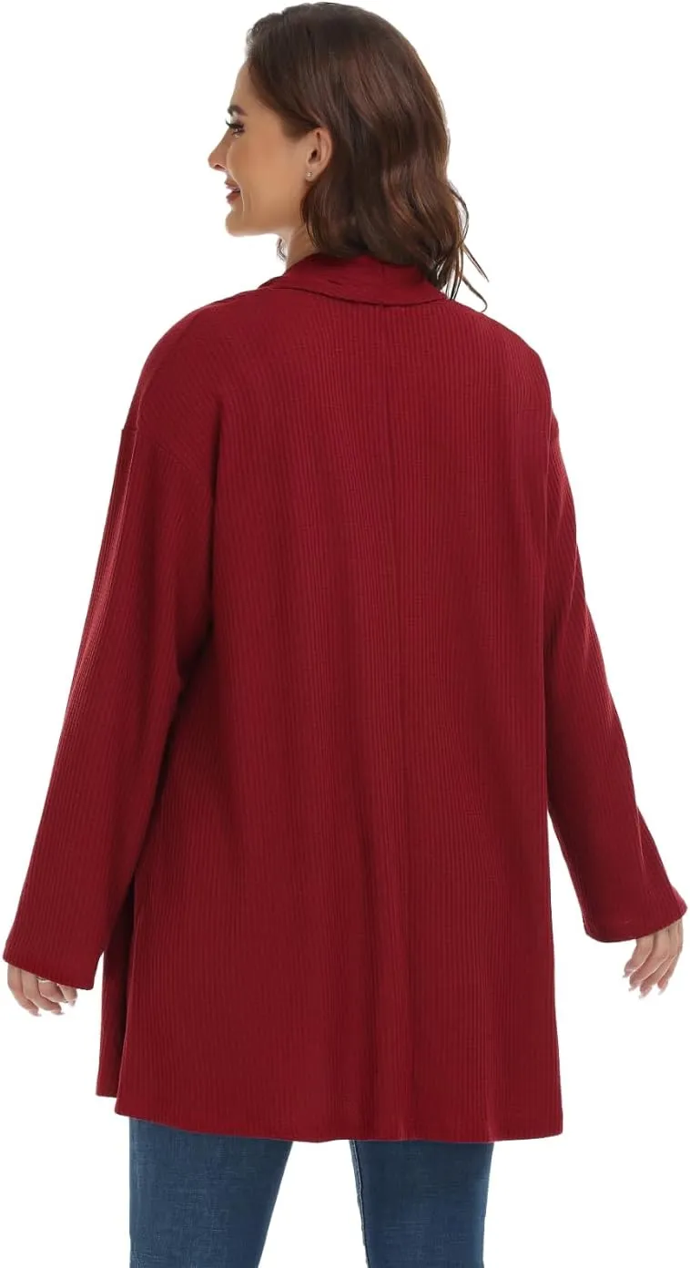 MONNURO Plus Size Cardigan for Women Open Front Casual Lightweight Long Sleeve Waffle Knit Cardigan for Fall