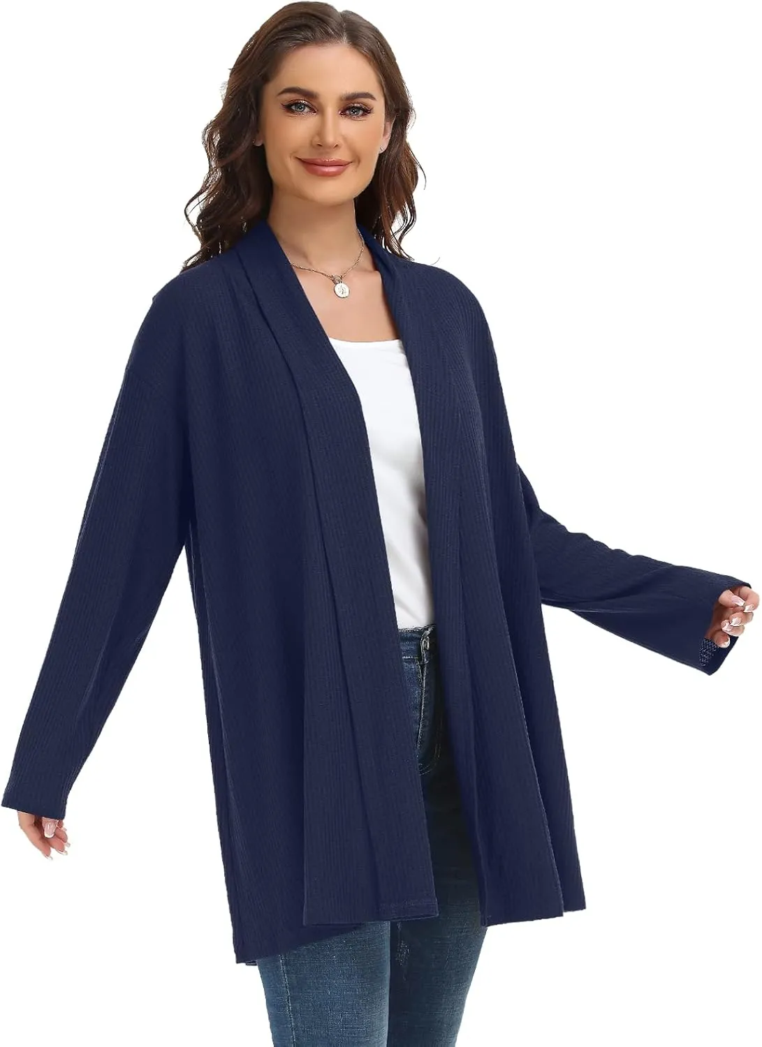 MONNURO Plus Size Cardigan for Women Open Front Casual Lightweight Long Sleeve Waffle Knit Cardigan for Fall
