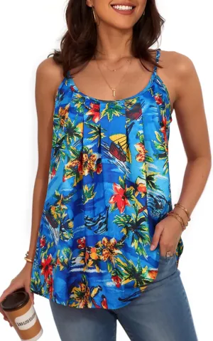 My Sky Tank Tops for Women Summer Sleeveless Adjustable Pleated Spaghetti Straps Camisole Loose Fit Casual Flowy Basic Tops