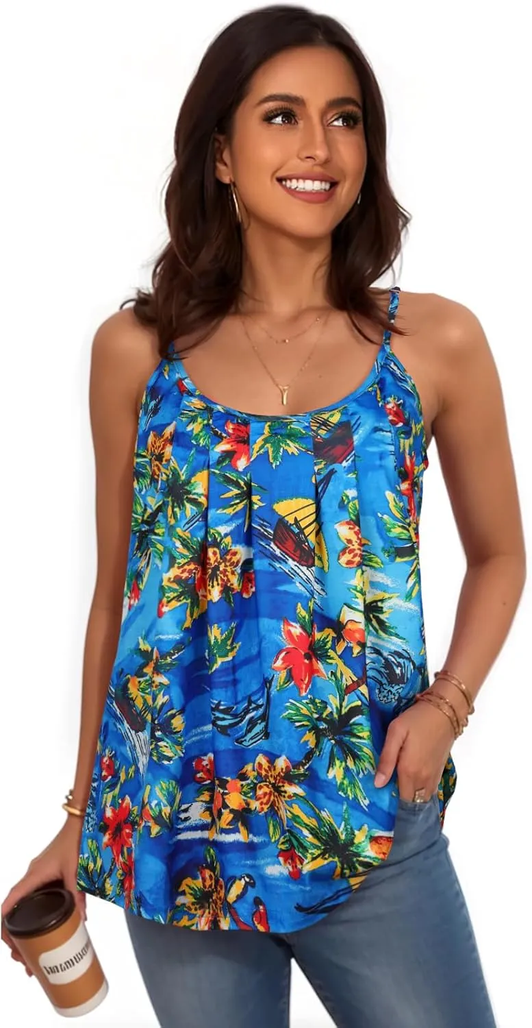 My Sky Tank Tops for Women Summer Sleeveless Adjustable Pleated Spaghetti Straps Camisole Loose Fit Casual Flowy Basic Tops
