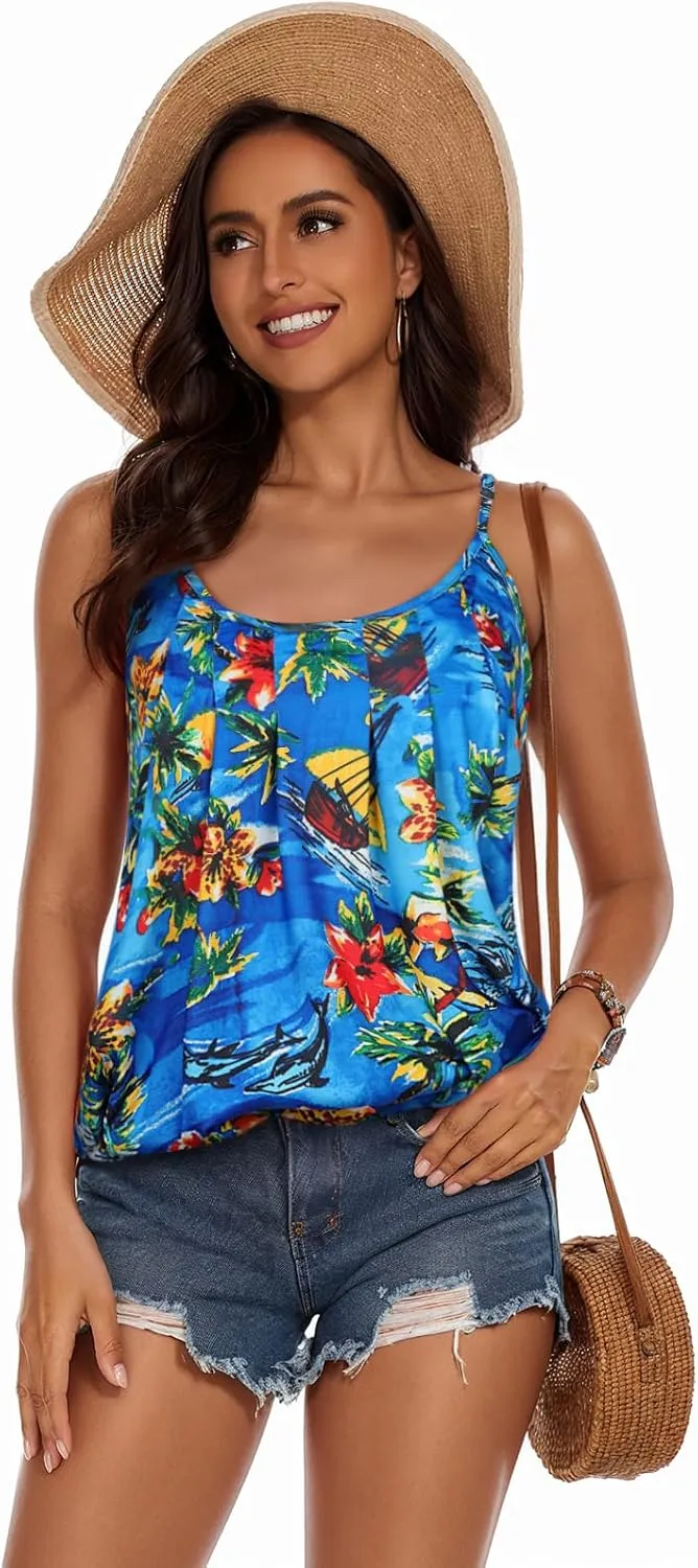 My Sky Tank Tops for Women Summer Sleeveless Adjustable Pleated Spaghetti Straps Camisole Loose Fit Casual Flowy Basic Tops