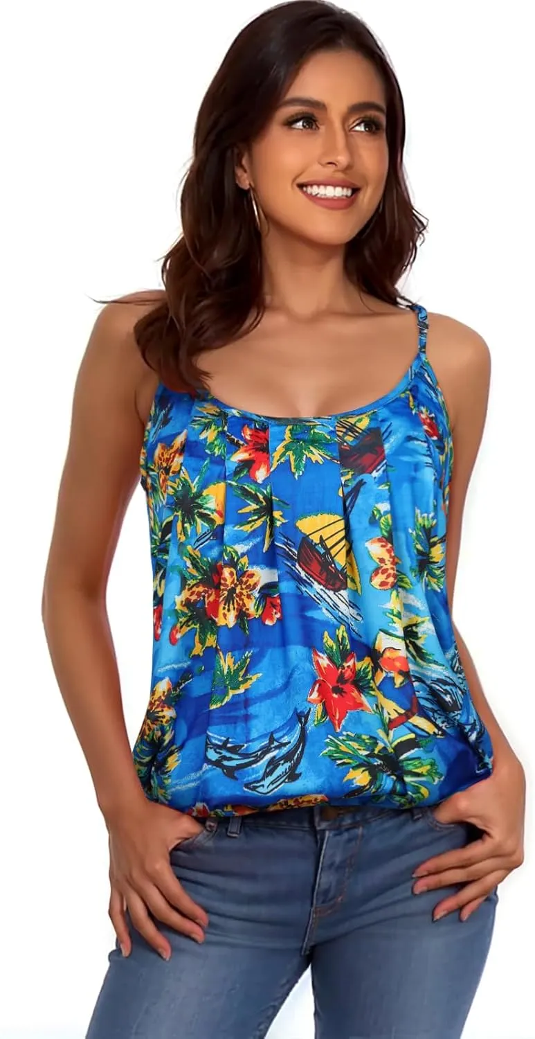 My Sky Tank Tops for Women Summer Sleeveless Adjustable Pleated Spaghetti Straps Camisole Loose Fit Casual Flowy Basic Tops