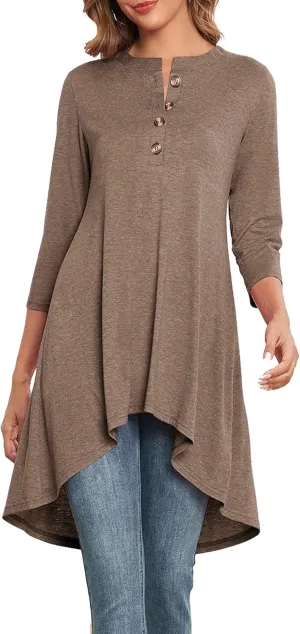 Naggoo Women's 3/4 Sleeve T-Shirts Crew Neck Buttons High Low Loose Casual Long Tunic Tops Blouses S-3XL