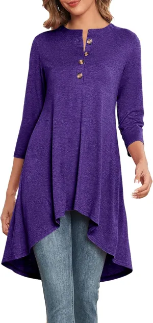 Naggoo Women's 3/4 Sleeve T-Shirts Crew Neck Buttons High Low Loose Casual Long Tunic Tops Blouses S-3XL