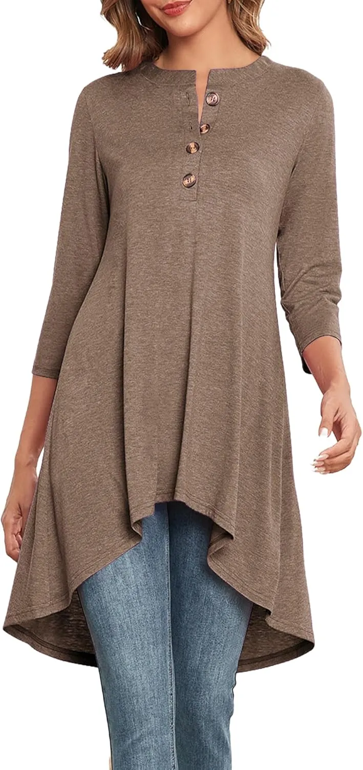 Naggoo Women's 3/4 Sleeve T-Shirts Crew Neck Buttons High Low Loose Casual Long Tunic Tops Blouses S-3XL