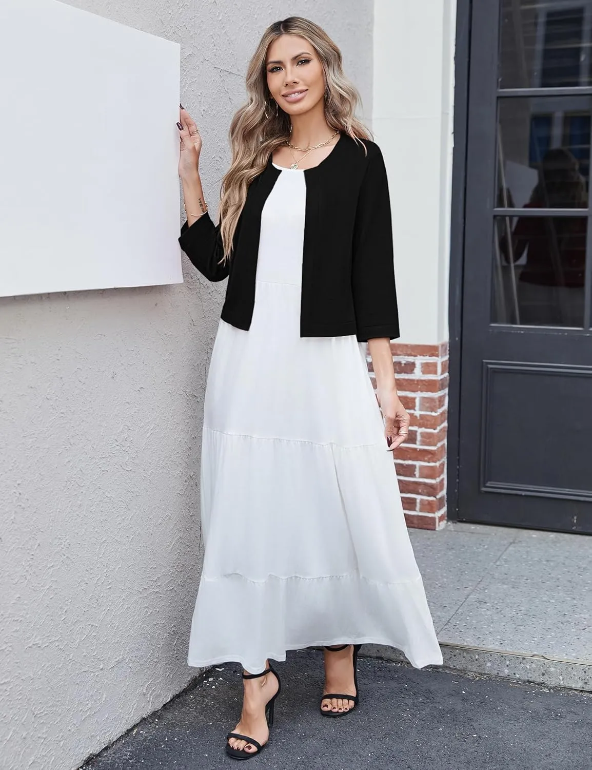 Newchoice Women's Open Front Cropped Cardigan Sweaters Bolero Shrugs for Dresses 3/4 Sleeve Casual Lightweight Cardigans