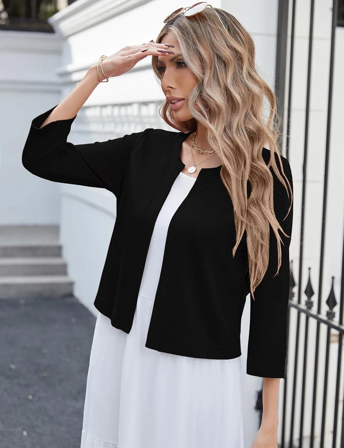 Newchoice Women's Open Front Cropped Cardigan Sweaters Bolero Shrugs for Dresses 3/4 Sleeve Casual Lightweight Cardigans