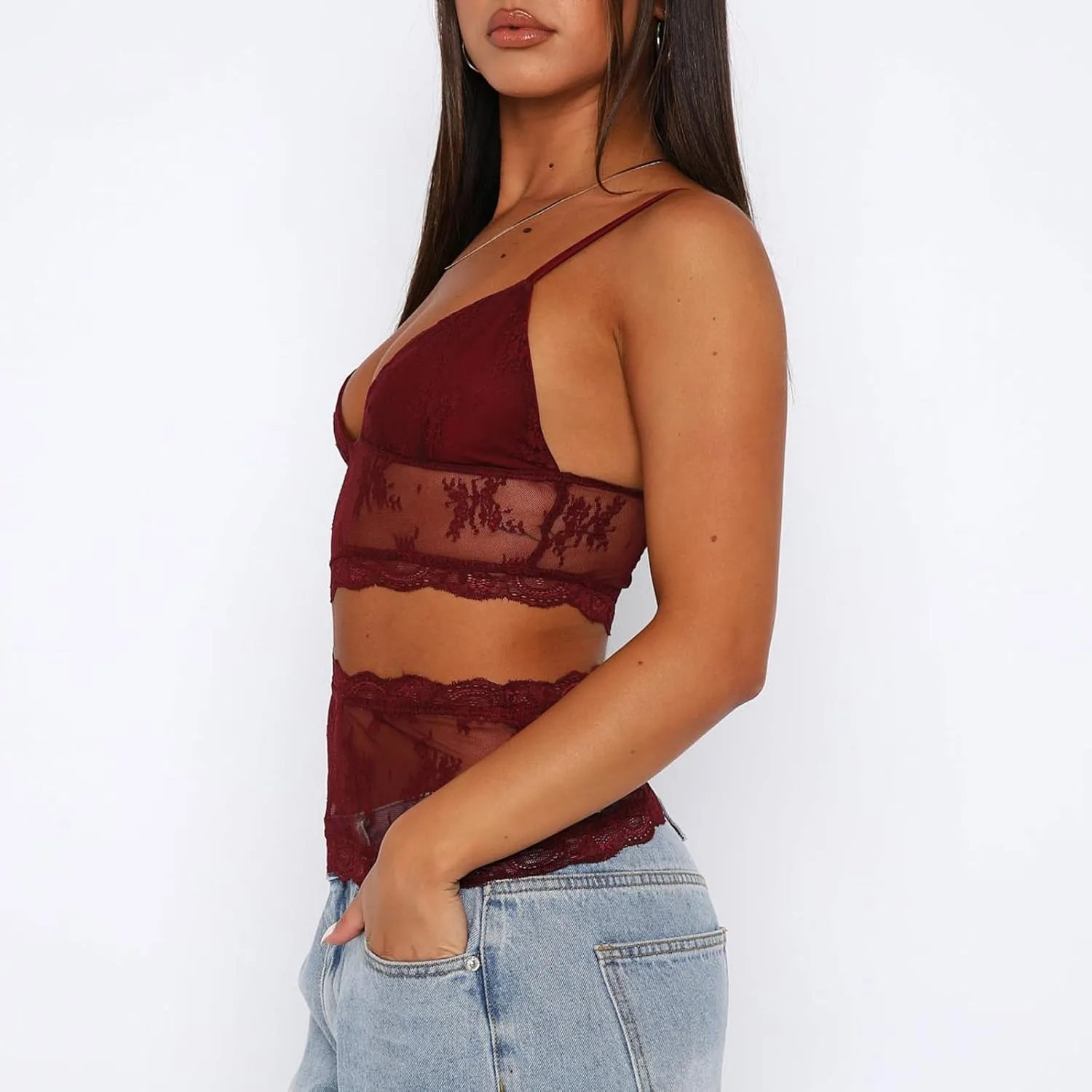 NUFIWI Women Y2k Lace Cami Tank Top Floral Mesh Spaghetti Strap Lace Trim Camisole Sexy Backless Sleeveless Crop Tops