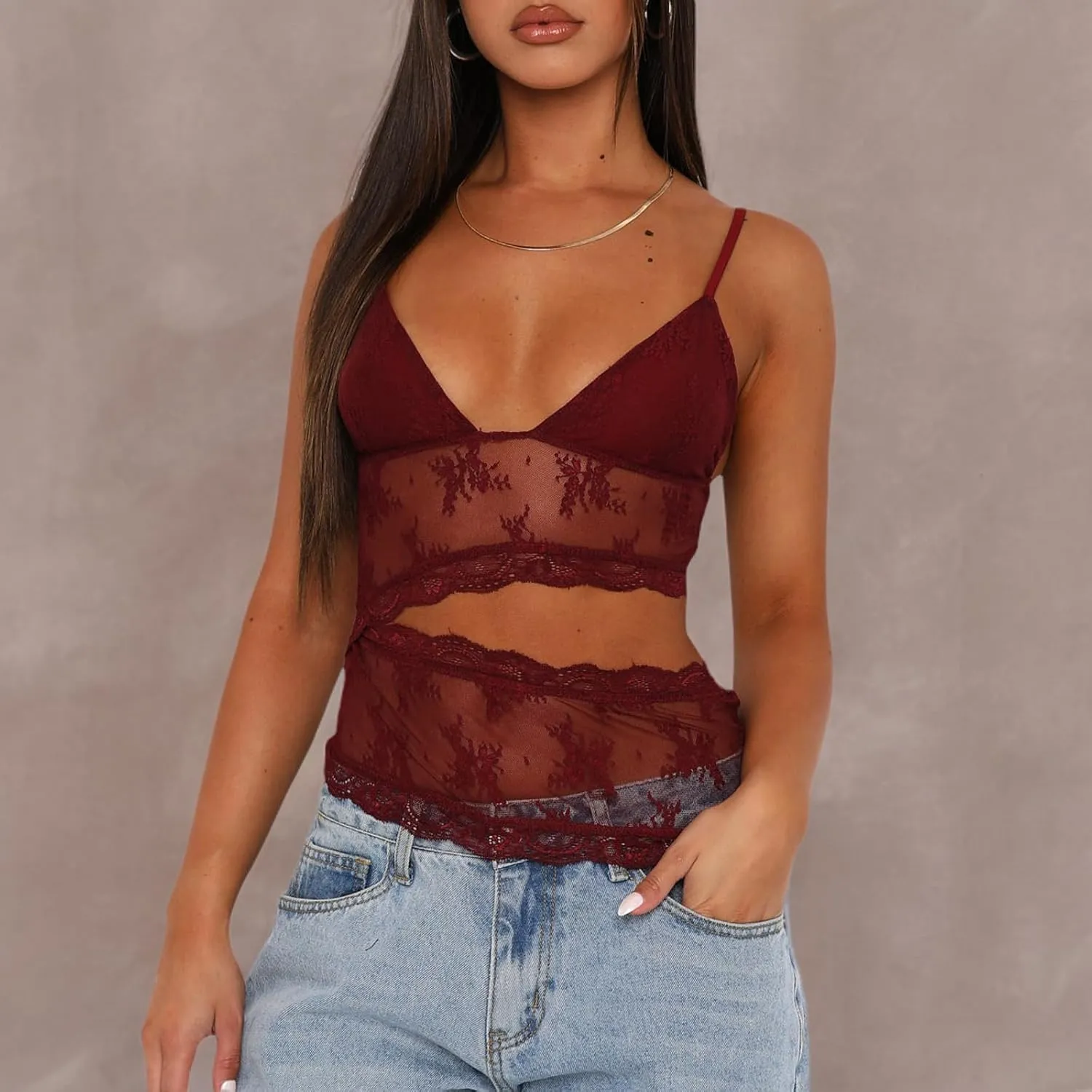 NUFIWI Women Y2k Lace Cami Tank Top Floral Mesh Spaghetti Strap Lace Trim Camisole Sexy Backless Sleeveless Crop Tops