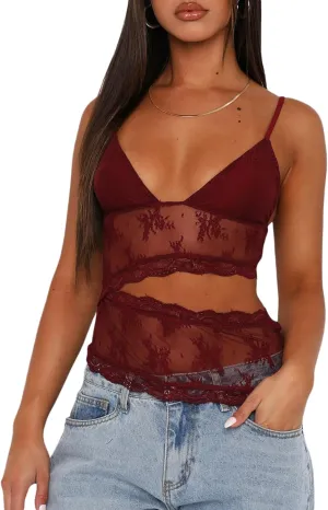 NUFIWI Women Y2k Lace Cami Tank Top Floral Mesh Spaghetti Strap Lace Trim Camisole Sexy Backless Sleeveless Crop Tops