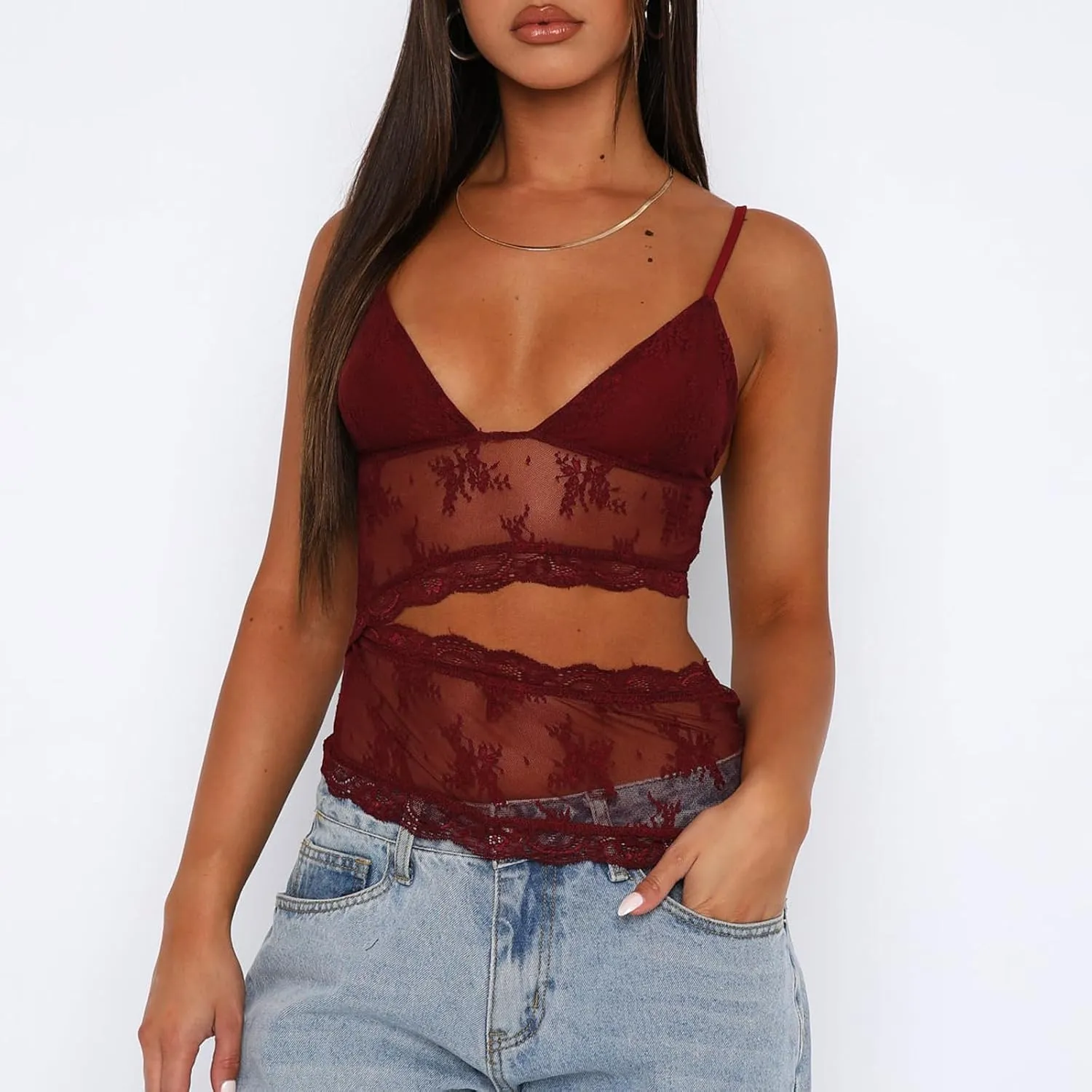 NUFIWI Women Y2k Lace Cami Tank Top Floral Mesh Spaghetti Strap Lace Trim Camisole Sexy Backless Sleeveless Crop Tops