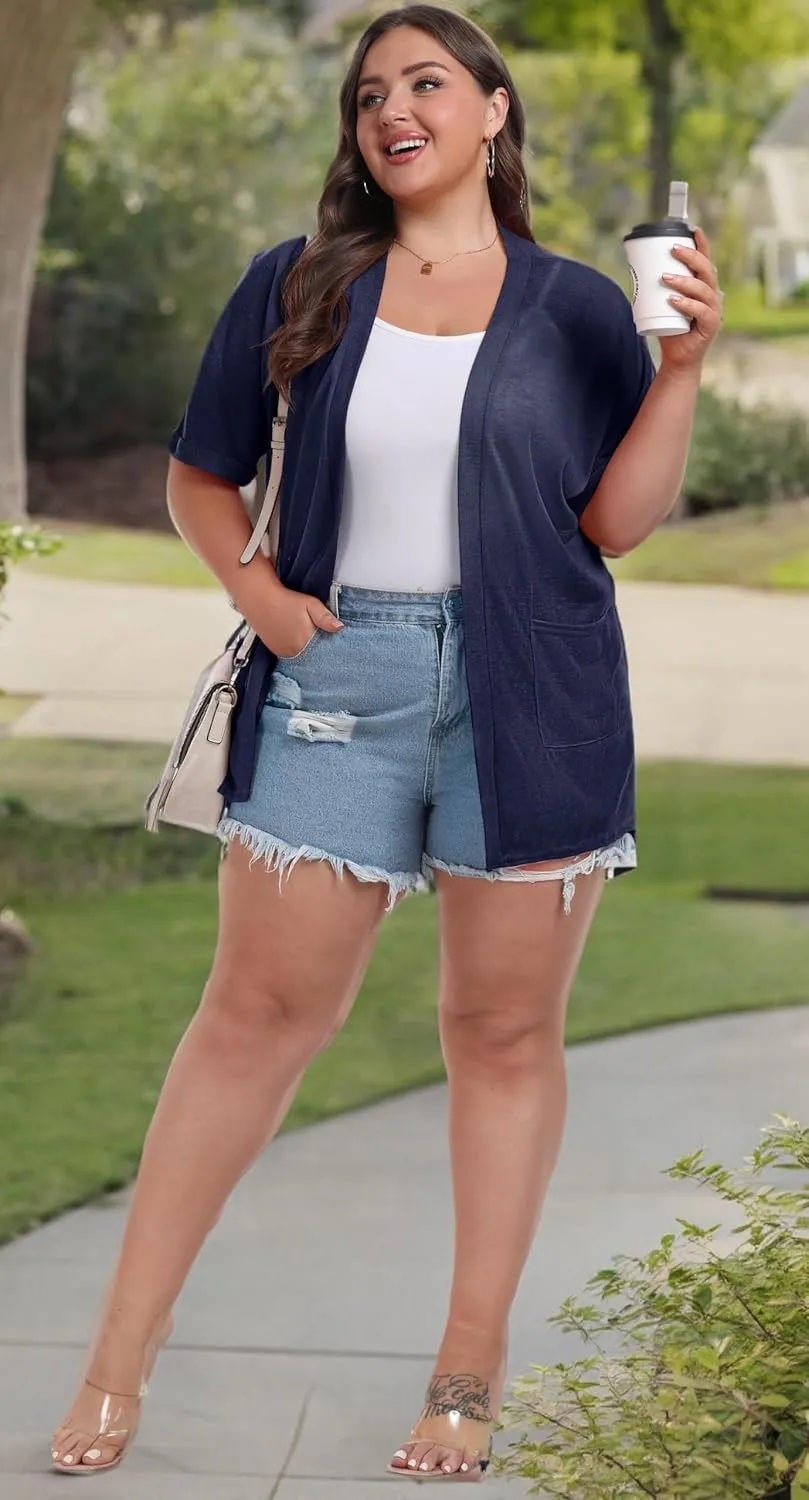 OLRIK Plus Size Lightweight Cardigan for Women Summer Sheer Short Sleeve Cardigan with Pockets Beach Cover Up