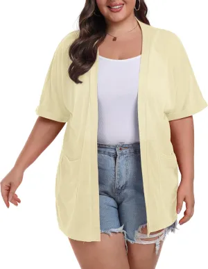 OLRIK Plus Size Lightweight Cardigan for Women Summer Sheer Short Sleeve Cardigan with Pockets Beach Cover Up