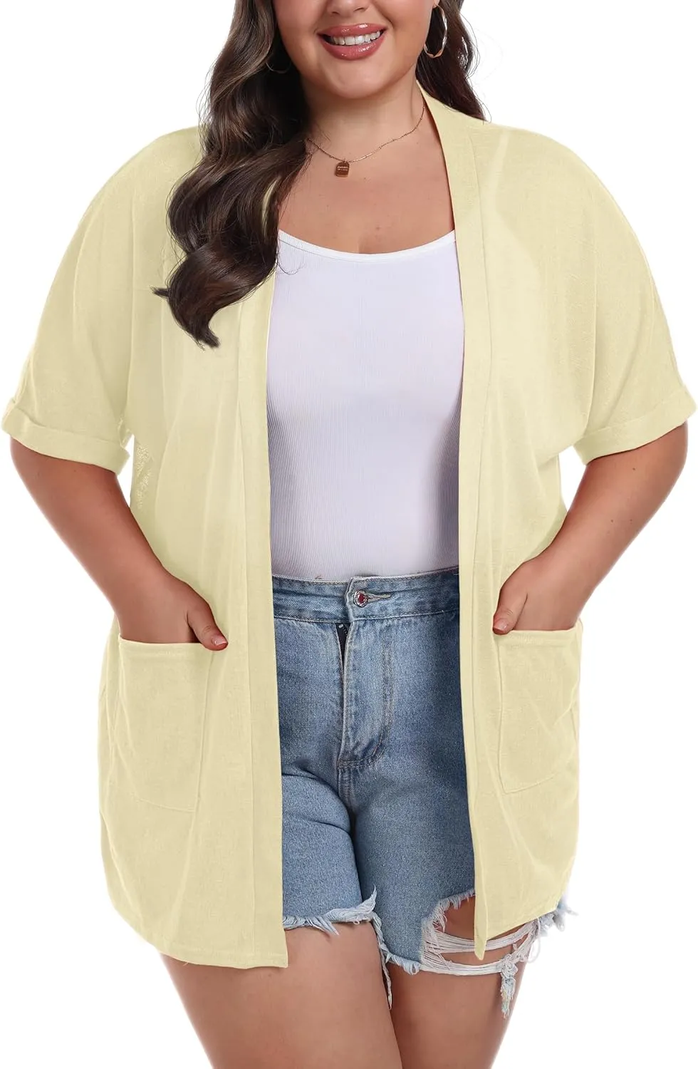 OLRIK Plus Size Lightweight Cardigan for Women Summer Sheer Short Sleeve Cardigan with Pockets Beach Cover Up