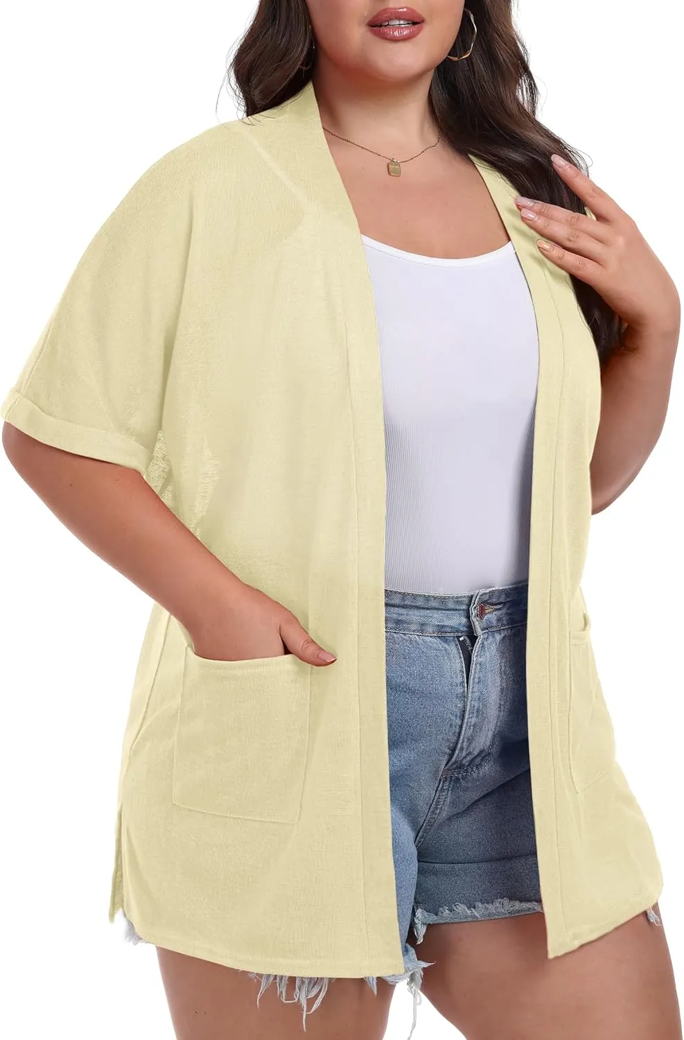 OLRIK Plus Size Lightweight Cardigan for Women Summer Sheer Short Sleeve Cardigan with Pockets Beach Cover Up