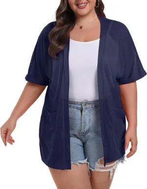 OLRIK Plus Size Lightweight Cardigan for Women Summer Sheer Short Sleeve Cardigan with Pockets Beach Cover Up