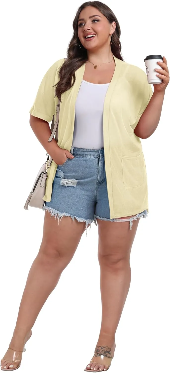 OLRIK Plus Size Lightweight Cardigan for Women Summer Sheer Short Sleeve Cardigan with Pockets Beach Cover Up