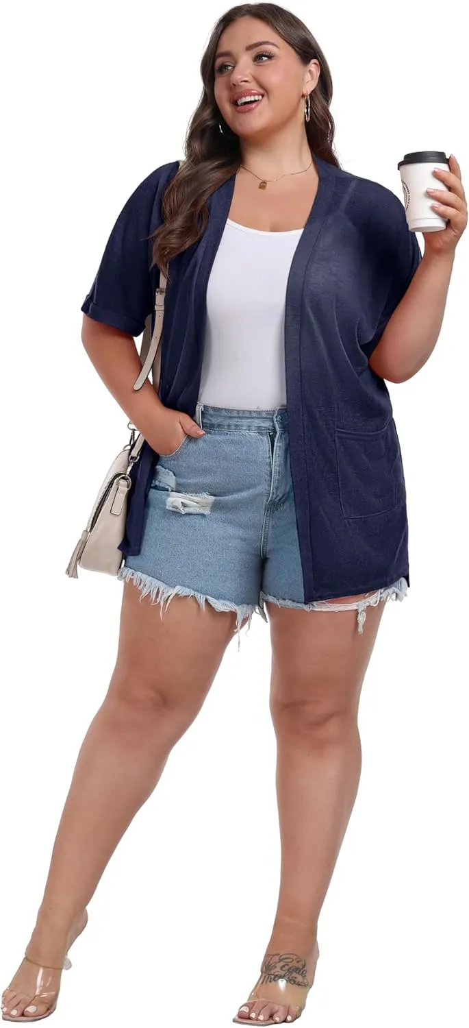 OLRIK Plus Size Lightweight Cardigan for Women Summer Sheer Short Sleeve Cardigan with Pockets Beach Cover Up