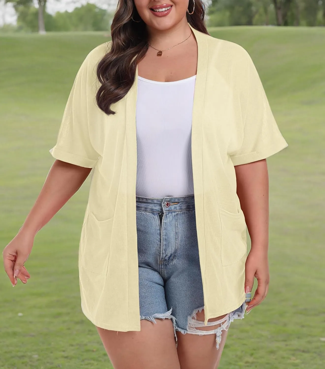 OLRIK Plus Size Lightweight Cardigan for Women Summer Sheer Short Sleeve Cardigan with Pockets Beach Cover Up