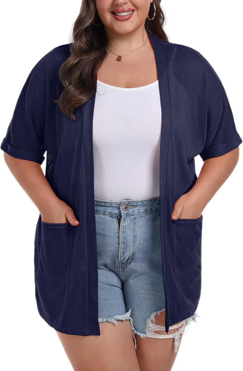 OLRIK Plus Size Lightweight Cardigan for Women Summer Sheer Short Sleeve Cardigan with Pockets Beach Cover Up
