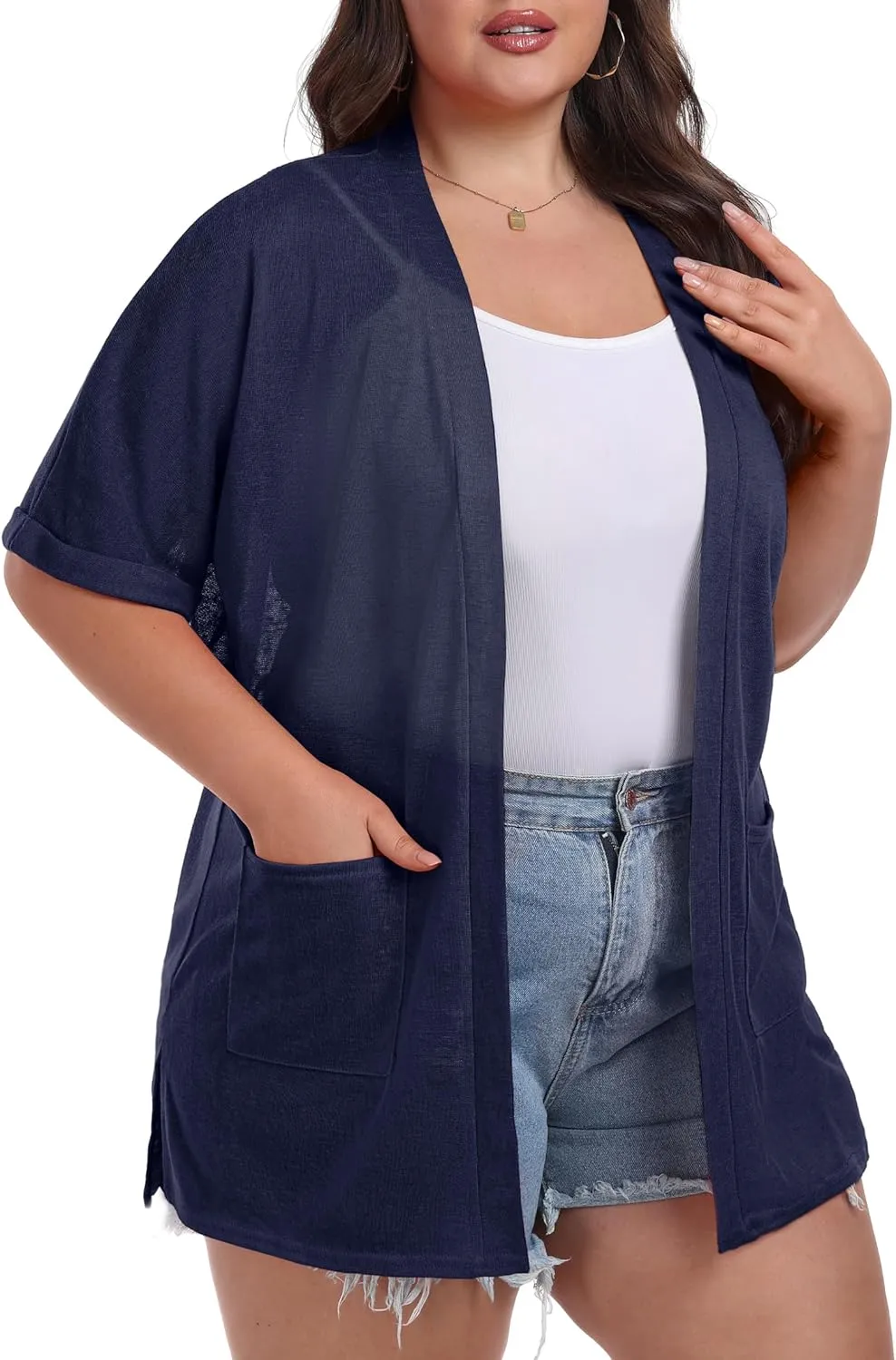 OLRIK Plus Size Lightweight Cardigan for Women Summer Sheer Short Sleeve Cardigan with Pockets Beach Cover Up