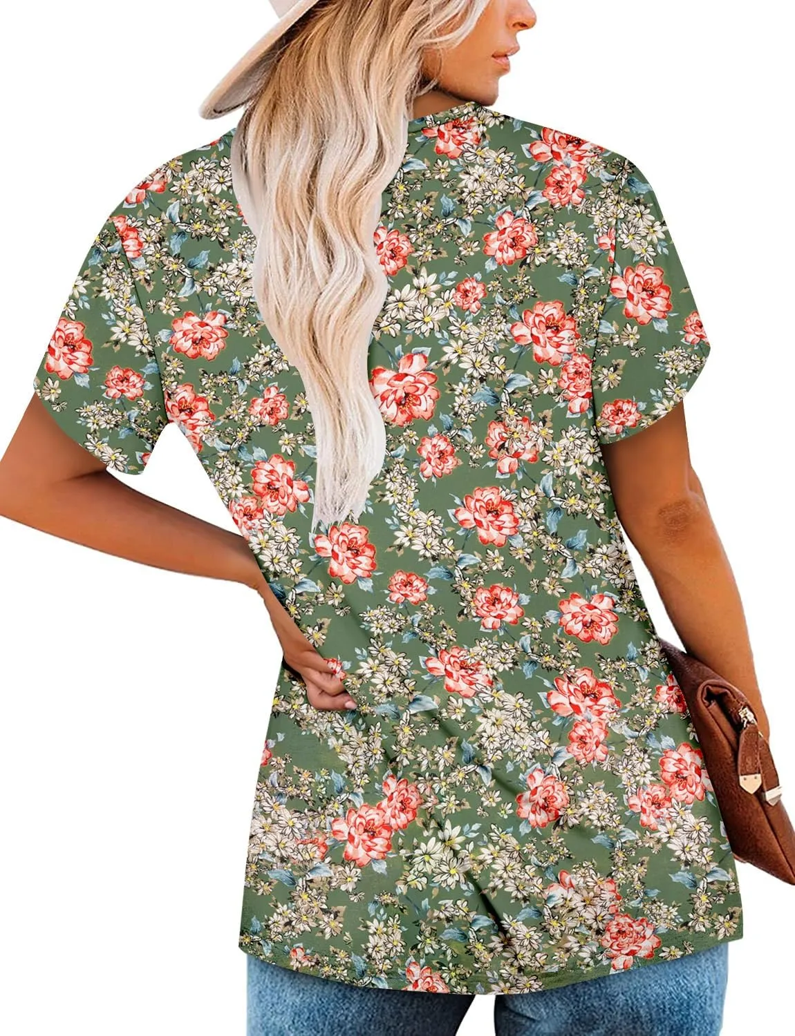 onlypuff Womens T Shirts Short Sleeve Pleated Floral Tunic Tops Dressy Casual Crew Neck Summer Boho Tops Blouses