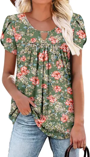 onlypuff Womens T Shirts Short Sleeve Pleated Floral Tunic Tops Dressy Casual Crew Neck Summer Boho Tops Blouses