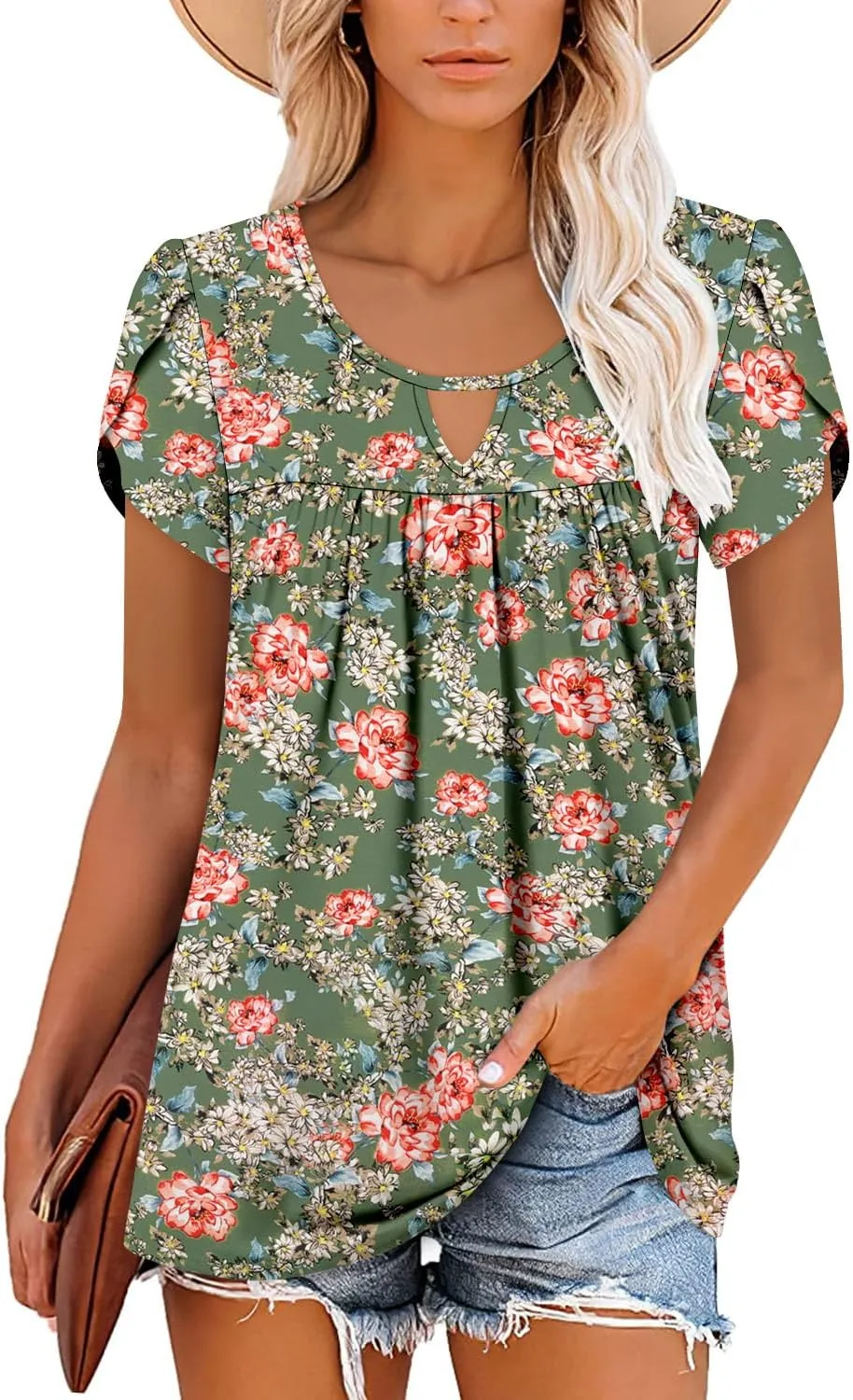 onlypuff Womens T Shirts Short Sleeve Pleated Floral Tunic Tops Dressy Casual Crew Neck Summer Boho Tops Blouses