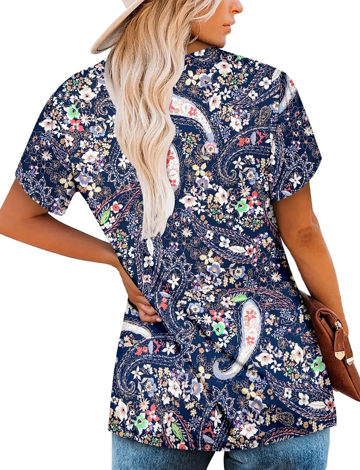 onlypuff Womens T Shirts Short Sleeve Pleated Floral Tunic Tops Dressy Casual Crew Neck Summer Boho Tops Blouses