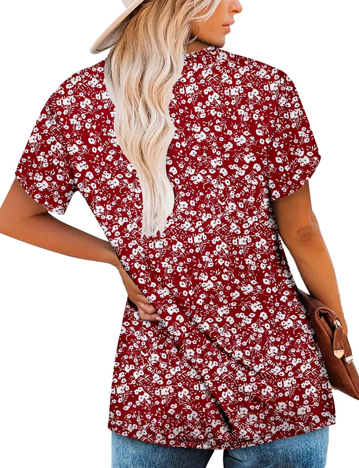 onlypuff Womens T Shirts Short Sleeve Pleated Floral Tunic Tops Dressy Casual Crew Neck Summer Boho Tops Blouses