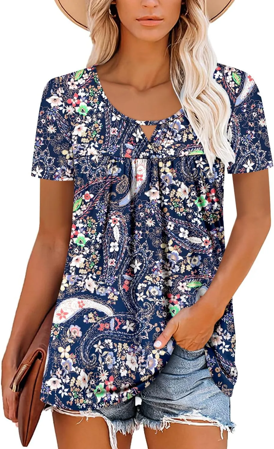 onlypuff Womens T Shirts Short Sleeve Pleated Floral Tunic Tops Dressy Casual Crew Neck Summer Boho Tops Blouses