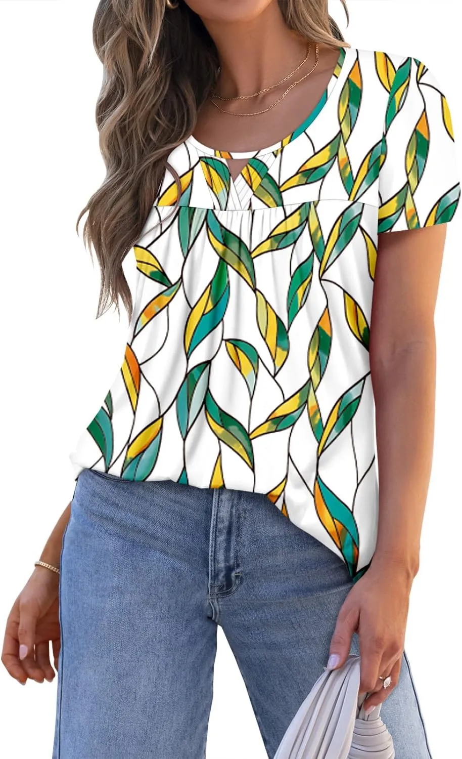 onlypuff Womens T Shirts Short Sleeve Pleated Floral Tunic Tops Dressy Casual Crew Neck Summer Boho Tops Blouses