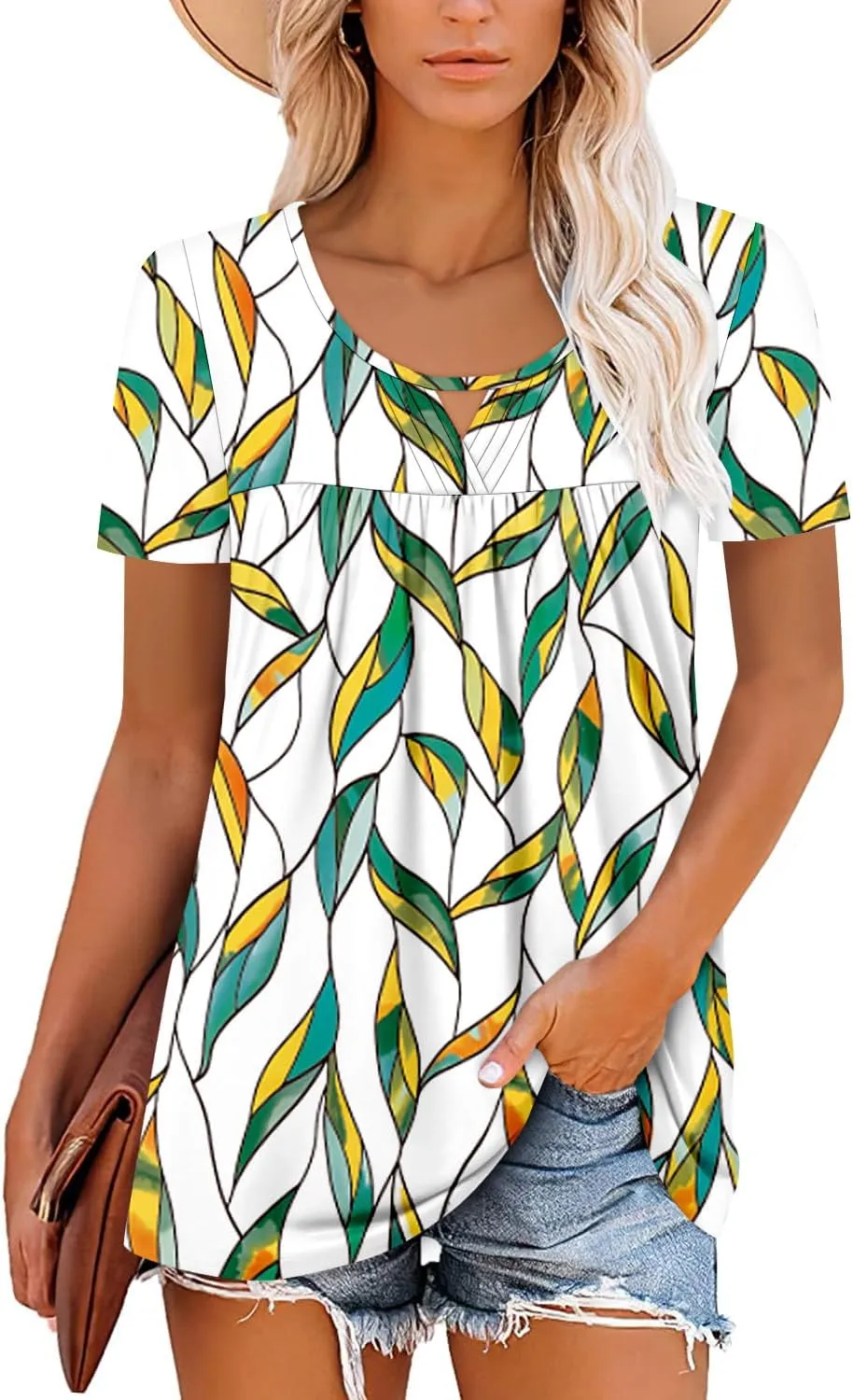 onlypuff Womens T Shirts Short Sleeve Pleated Floral Tunic Tops Dressy Casual Crew Neck Summer Boho Tops Blouses