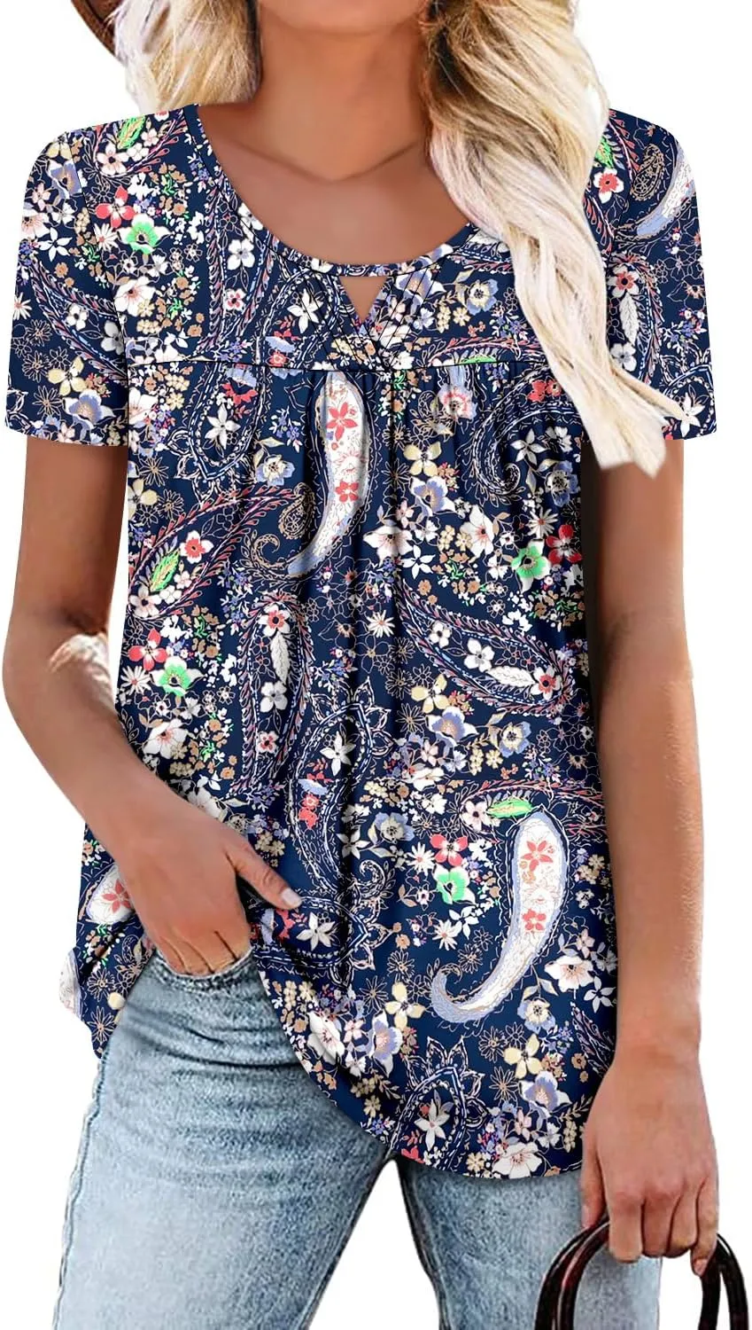 onlypuff Womens T Shirts Short Sleeve Pleated Floral Tunic Tops Dressy Casual Crew Neck Summer Boho Tops Blouses