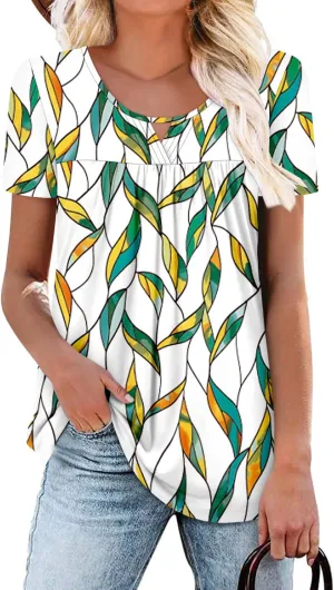 onlypuff Womens T Shirts Short Sleeve Pleated Floral Tunic Tops Dressy Casual Crew Neck Summer Boho Tops Blouses