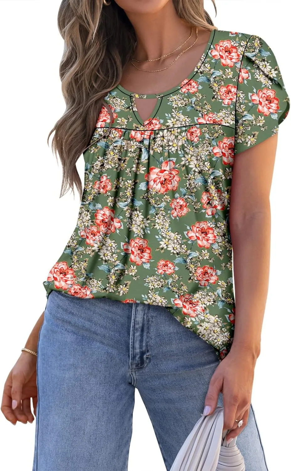 onlypuff Womens T Shirts Short Sleeve Pleated Floral Tunic Tops Dressy Casual Crew Neck Summer Boho Tops Blouses