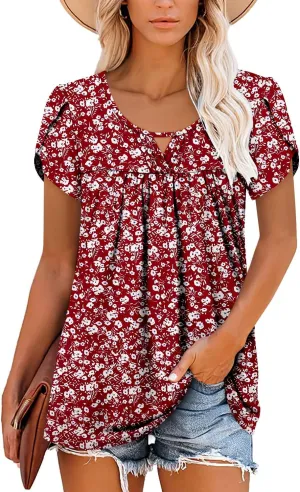 onlypuff Womens T Shirts Short Sleeve Pleated Floral Tunic Tops Dressy Casual Crew Neck Summer Boho Tops Blouses
