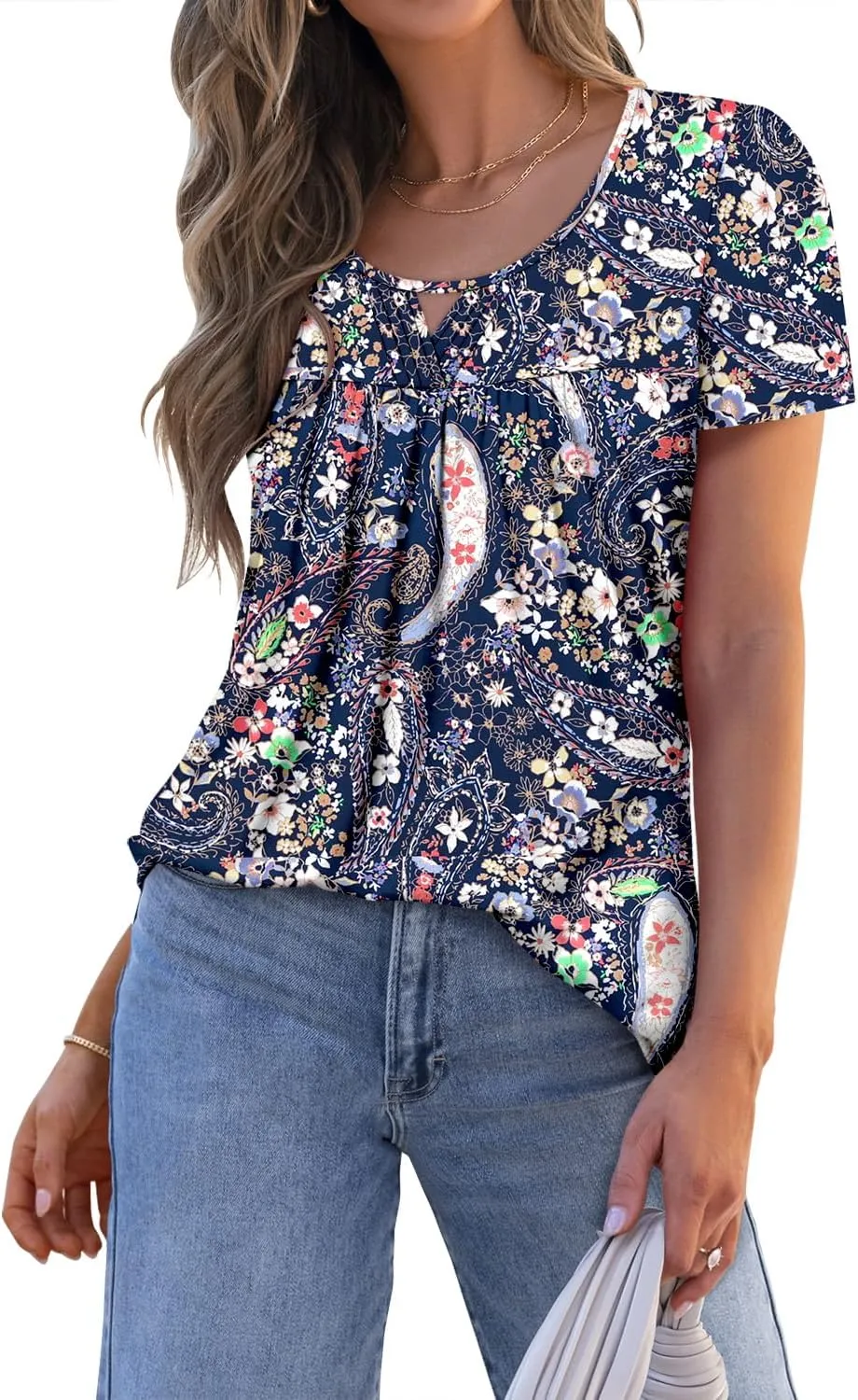 onlypuff Womens T Shirts Short Sleeve Pleated Floral Tunic Tops Dressy Casual Crew Neck Summer Boho Tops Blouses