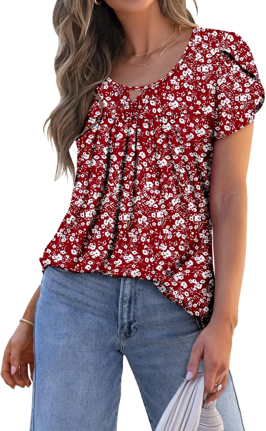 onlypuff Womens T Shirts Short Sleeve Pleated Floral Tunic Tops Dressy Casual Crew Neck Summer Boho Tops Blouses