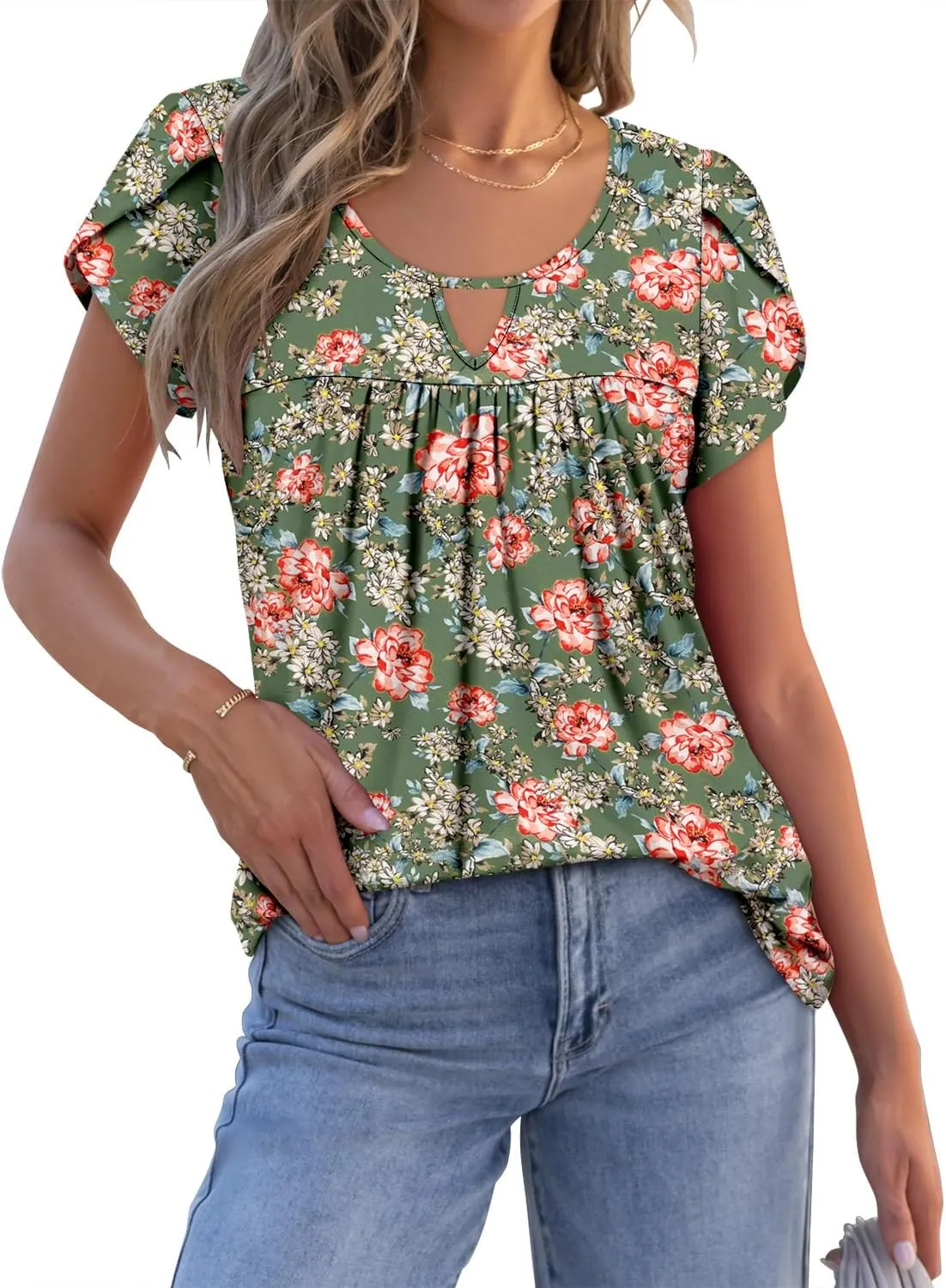 onlypuff Womens T Shirts Short Sleeve Pleated Floral Tunic Tops Dressy Casual Crew Neck Summer Boho Tops Blouses