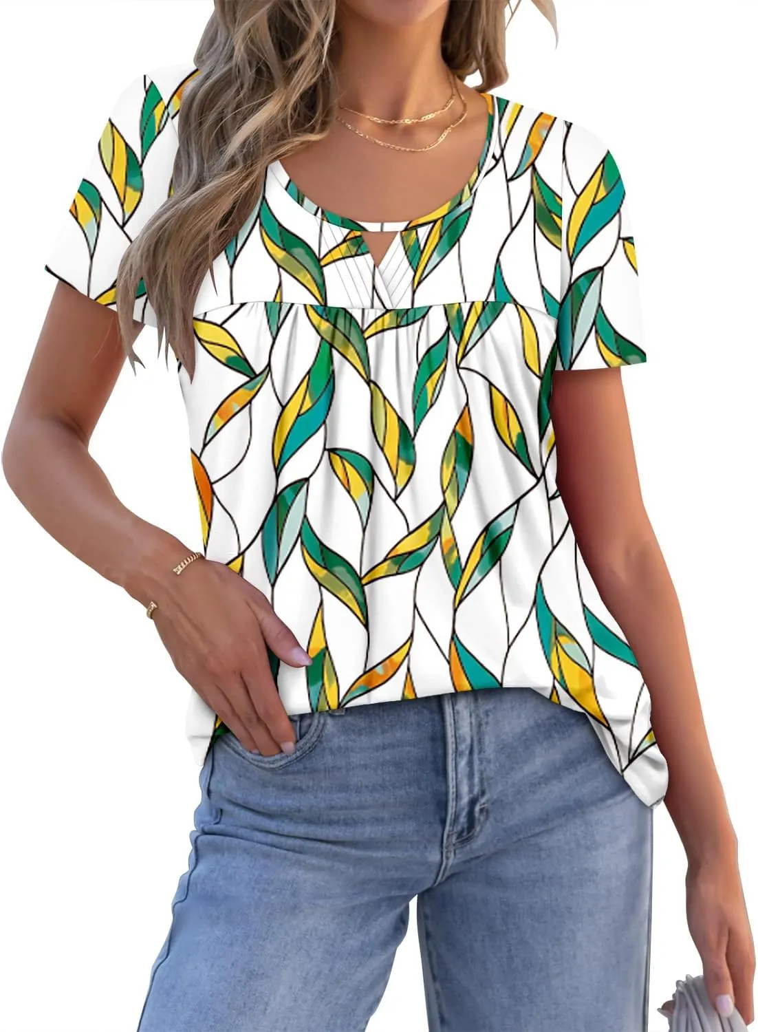 onlypuff Womens T Shirts Short Sleeve Pleated Floral Tunic Tops Dressy Casual Crew Neck Summer Boho Tops Blouses