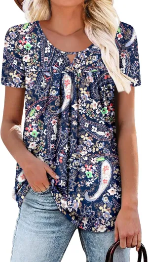 onlypuff Womens T Shirts Short Sleeve Pleated Floral Tunic Tops Dressy Casual Crew Neck Summer Boho Tops Blouses