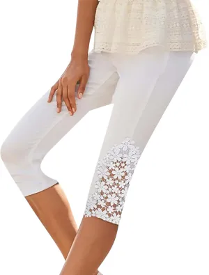 Oplxuo Womens Knee Length Capri Leggings Floral Lace High Waist Leggings Skinny Cropped Workout Yoga Pants Sport Casual Pants