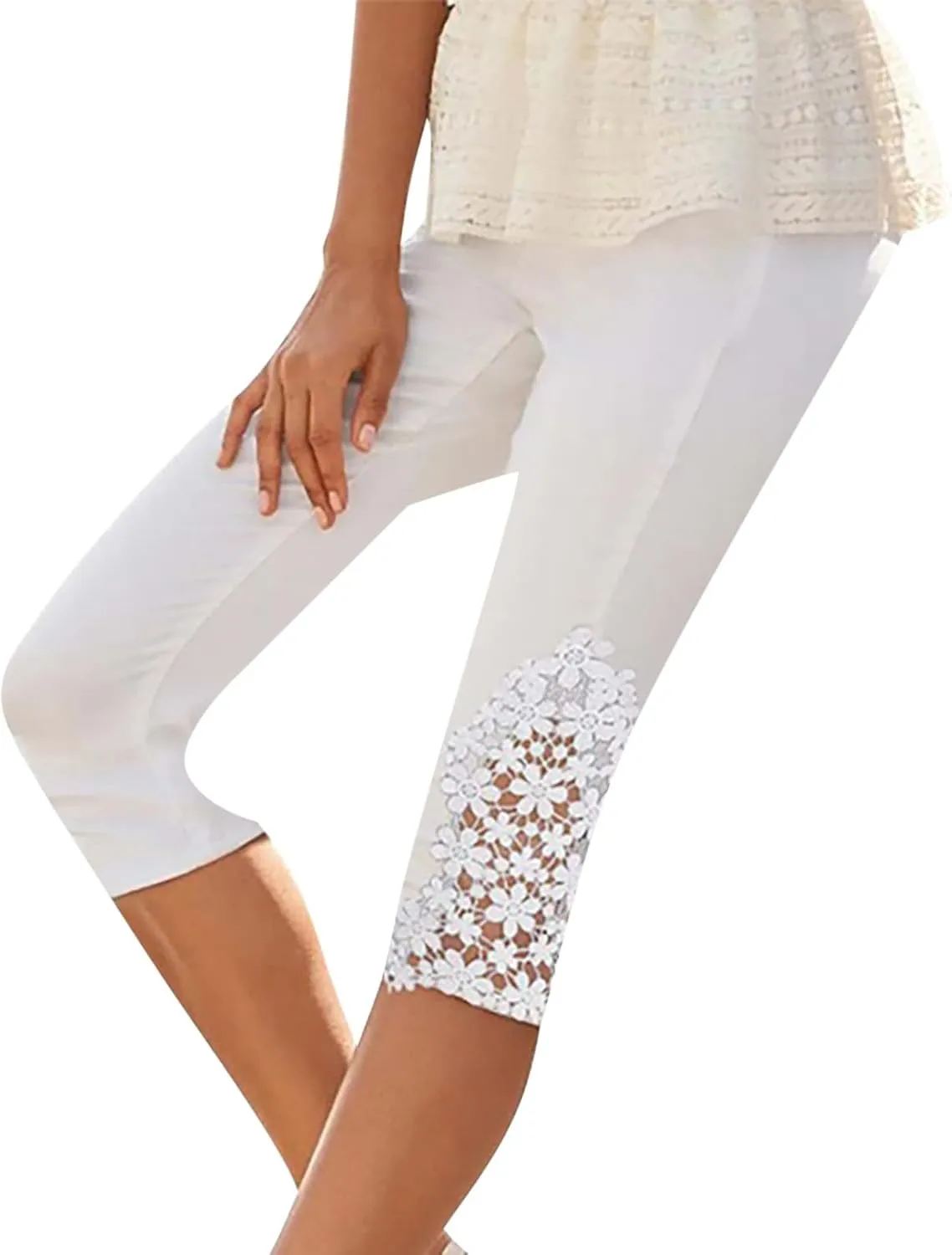 Oplxuo Womens Knee Length Capri Leggings Floral Lace High Waist Leggings Skinny Cropped Workout Yoga Pants Sport Casual Pants