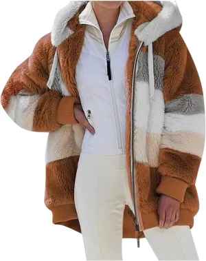 Oversized Fuzzy Fleece Jackets For Women Fashion 2023 Color Block Faux Fur Cardigan Coat Shaggy Warm Winter Outerwear