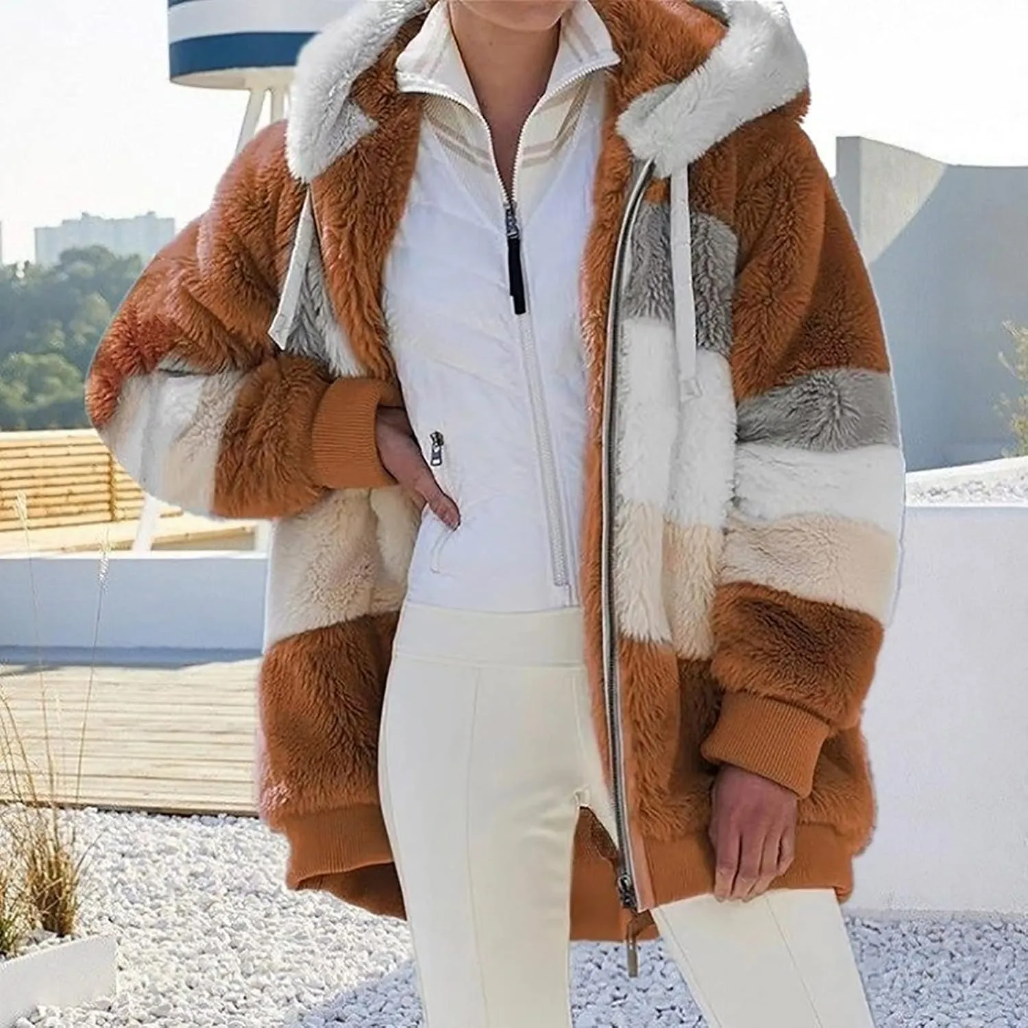 Oversized Fuzzy Fleece Jackets For Women Fashion 2023 Color Block Faux Fur Cardigan Coat Shaggy Warm Winter Outerwear
