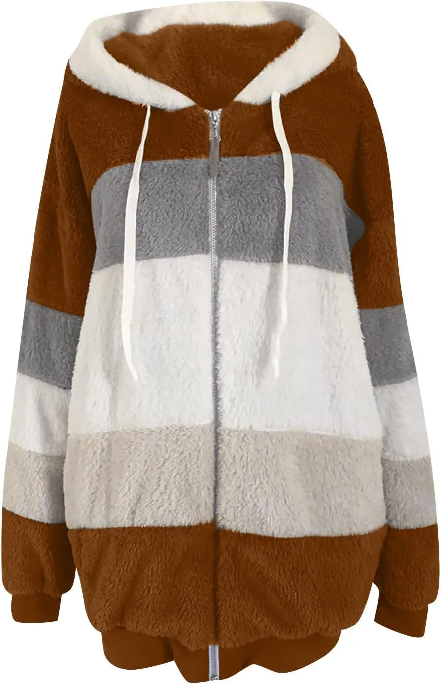 Oversized Fuzzy Fleece Jackets For Women Fashion 2023 Color Block Faux Fur Cardigan Coat Shaggy Warm Winter Outerwear